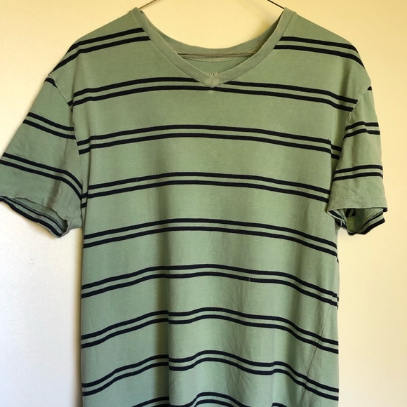 navy and pale green striped v-neck t-shirt - Picture 1 of 4